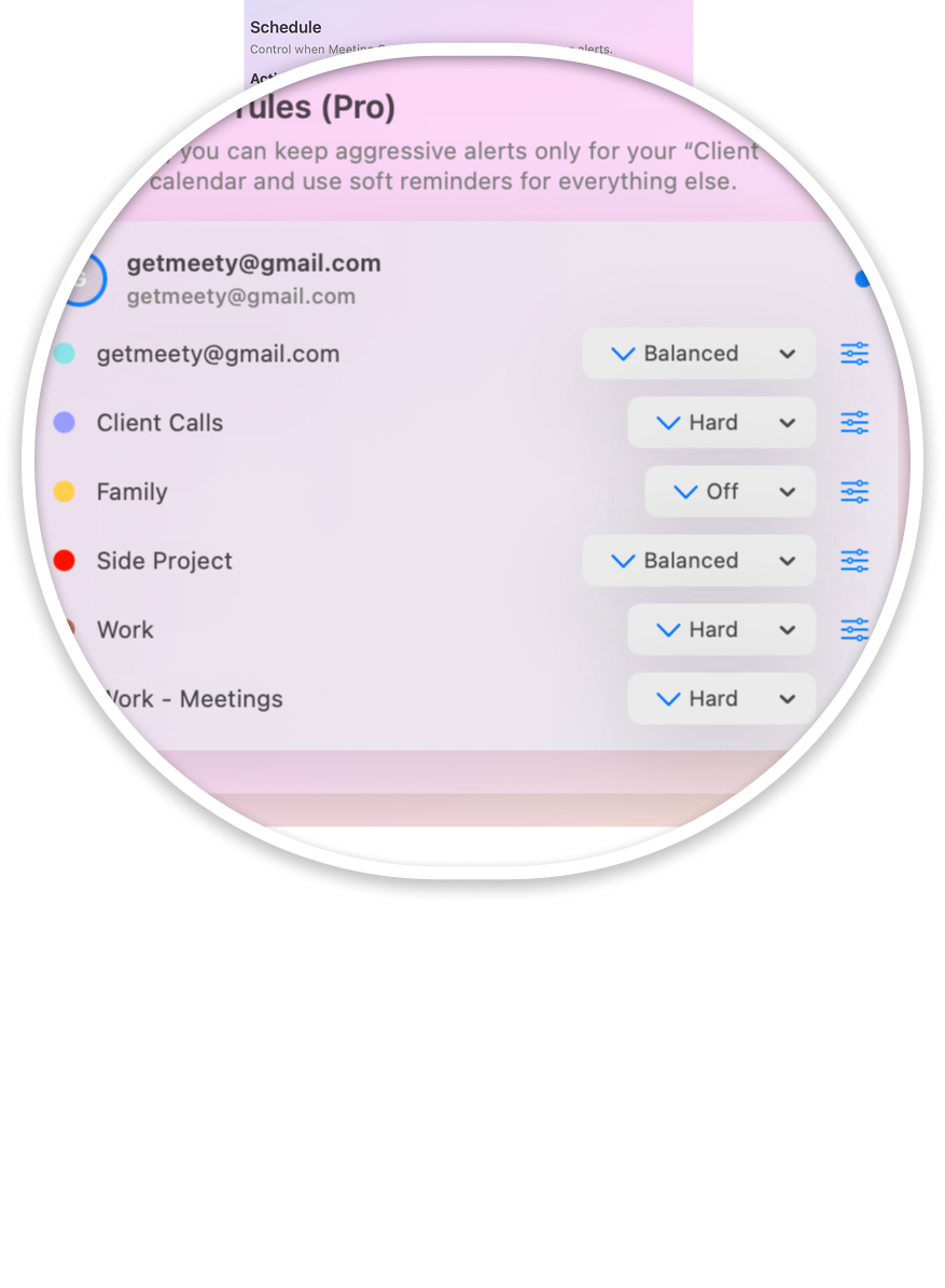 Meety Alerts settings screen for reminder strength by calendar and meeting importance