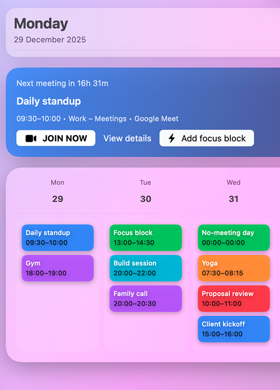 Meety menu bar popover showing next meeting and Join button
