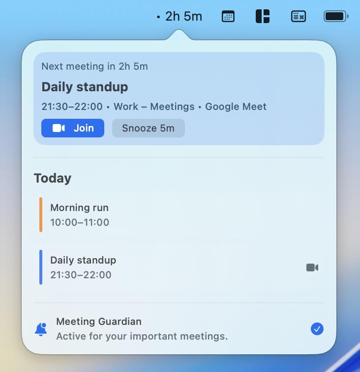 Menu bar quick-join popover with upcoming meeting