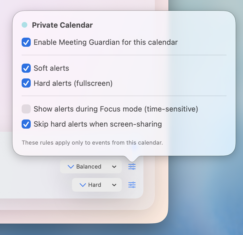 Per-calendar reminder intensity settings in Meety