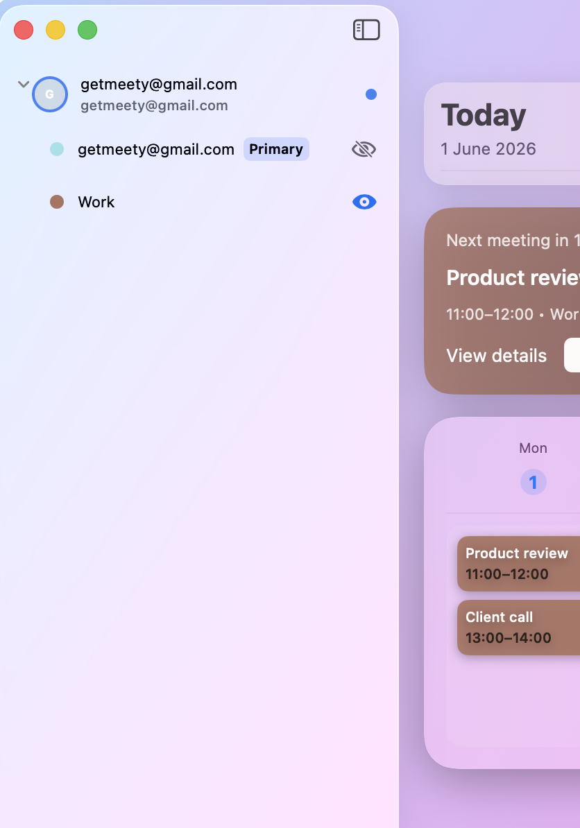 Meety calendar screen with sidebar, next meeting, and weekly calendar view