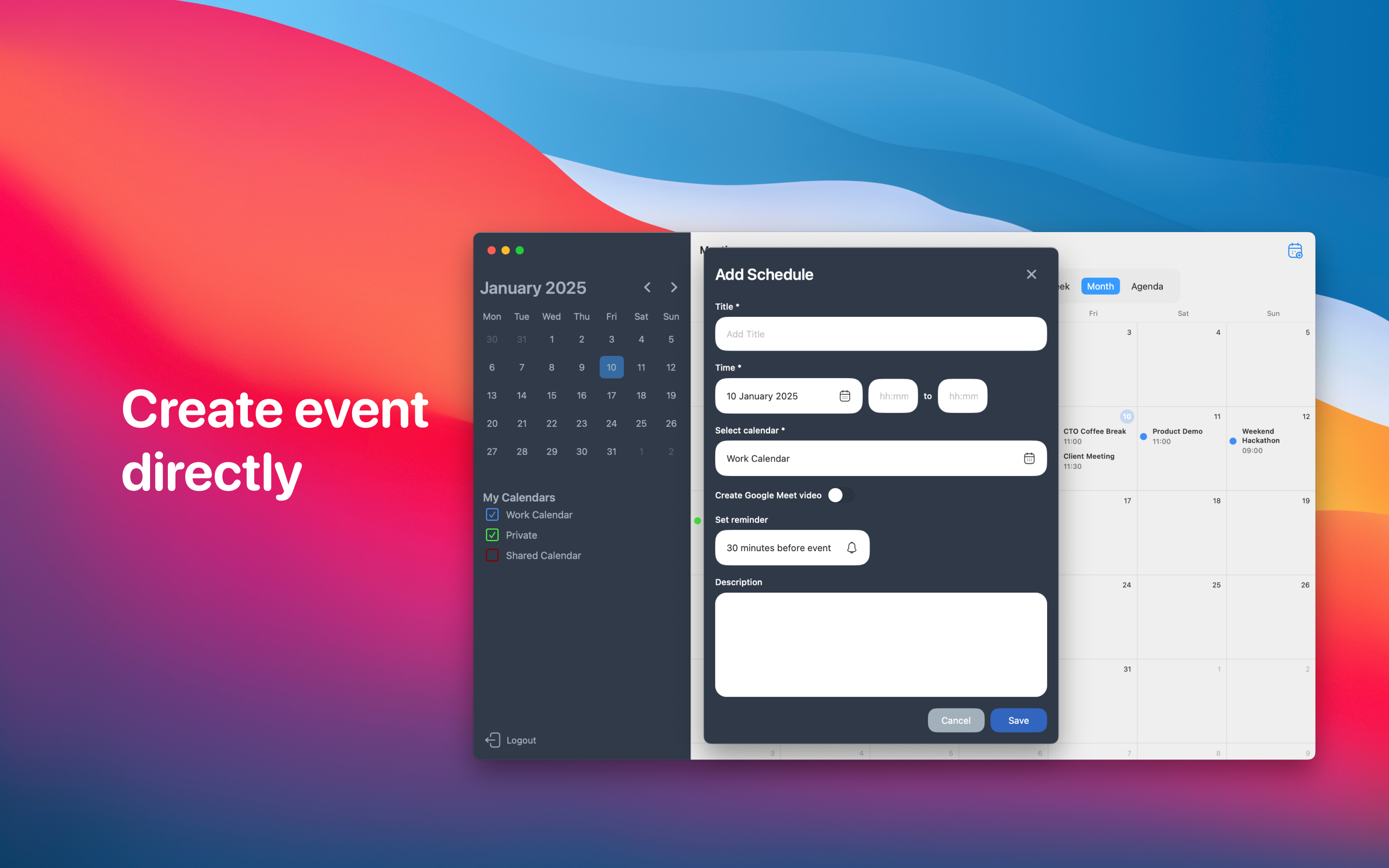 Create Google Calendar events from app