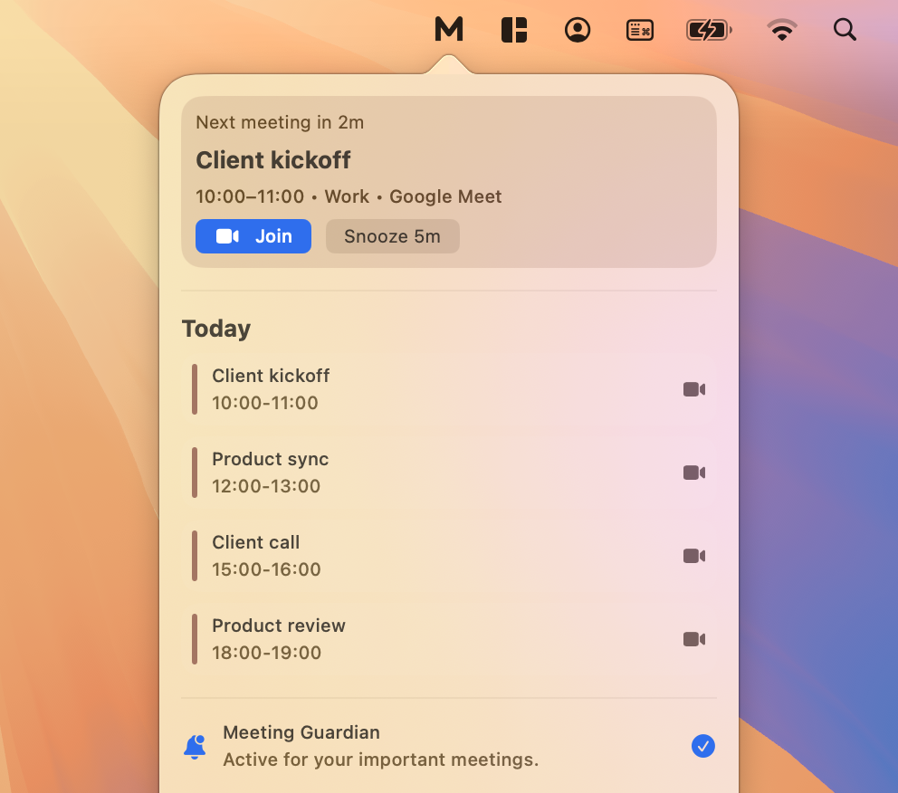Meety menu bar calendar screen