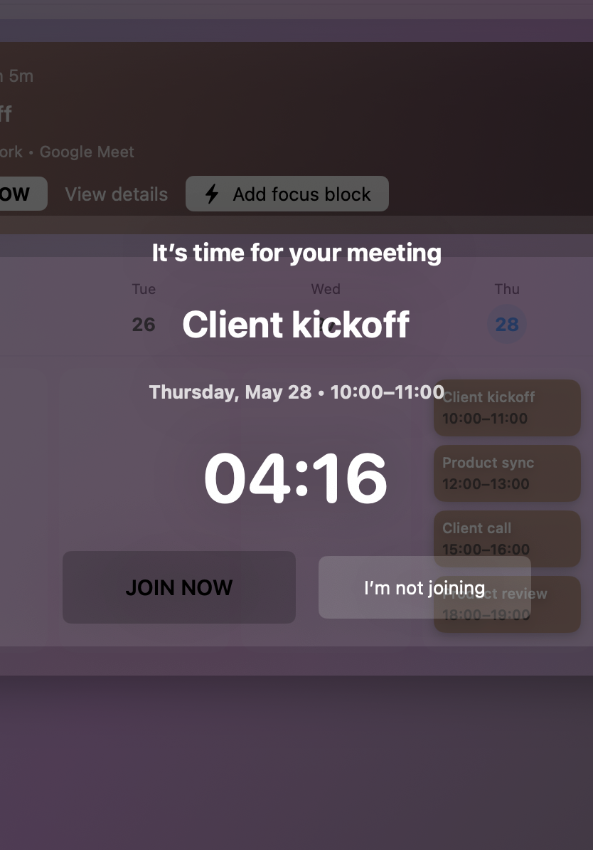 Meety hard alert overlay with meeting countdown and join controls