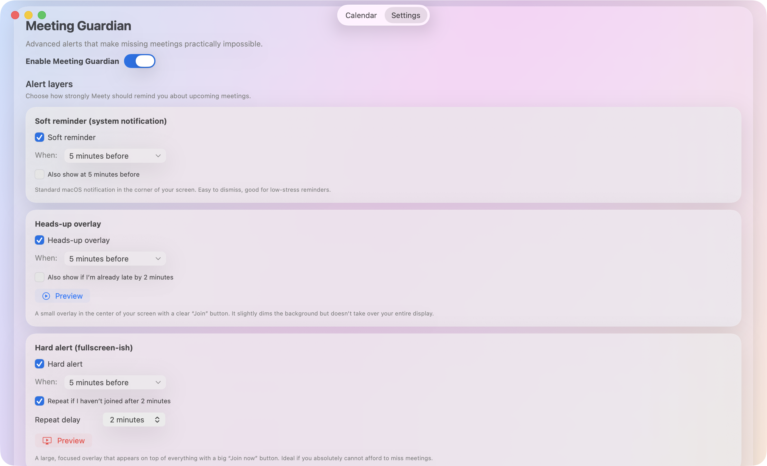 Meety Meeting Guardian settings screen with alert layers