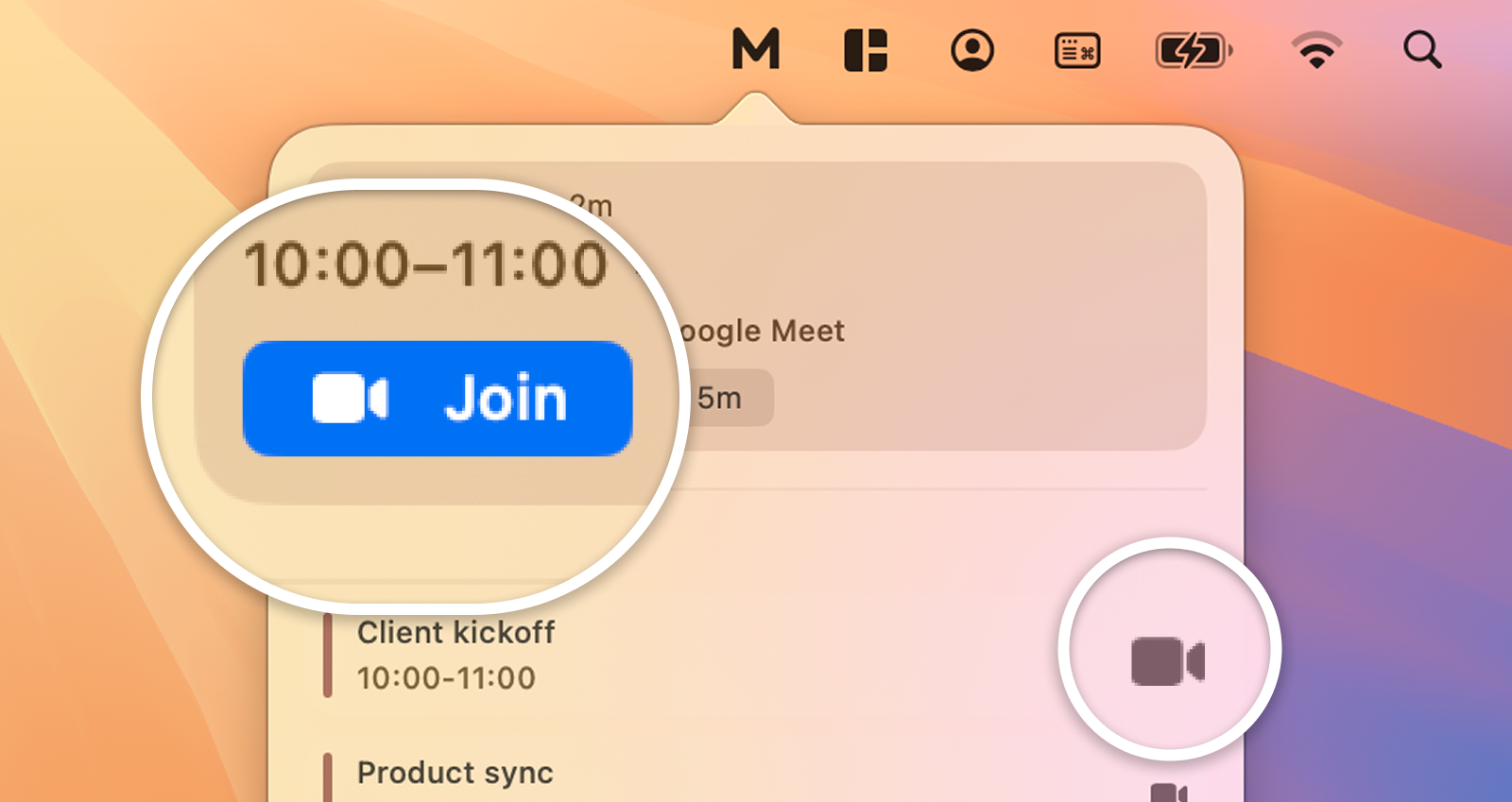 Meety quick join screen with a next meeting and Join button