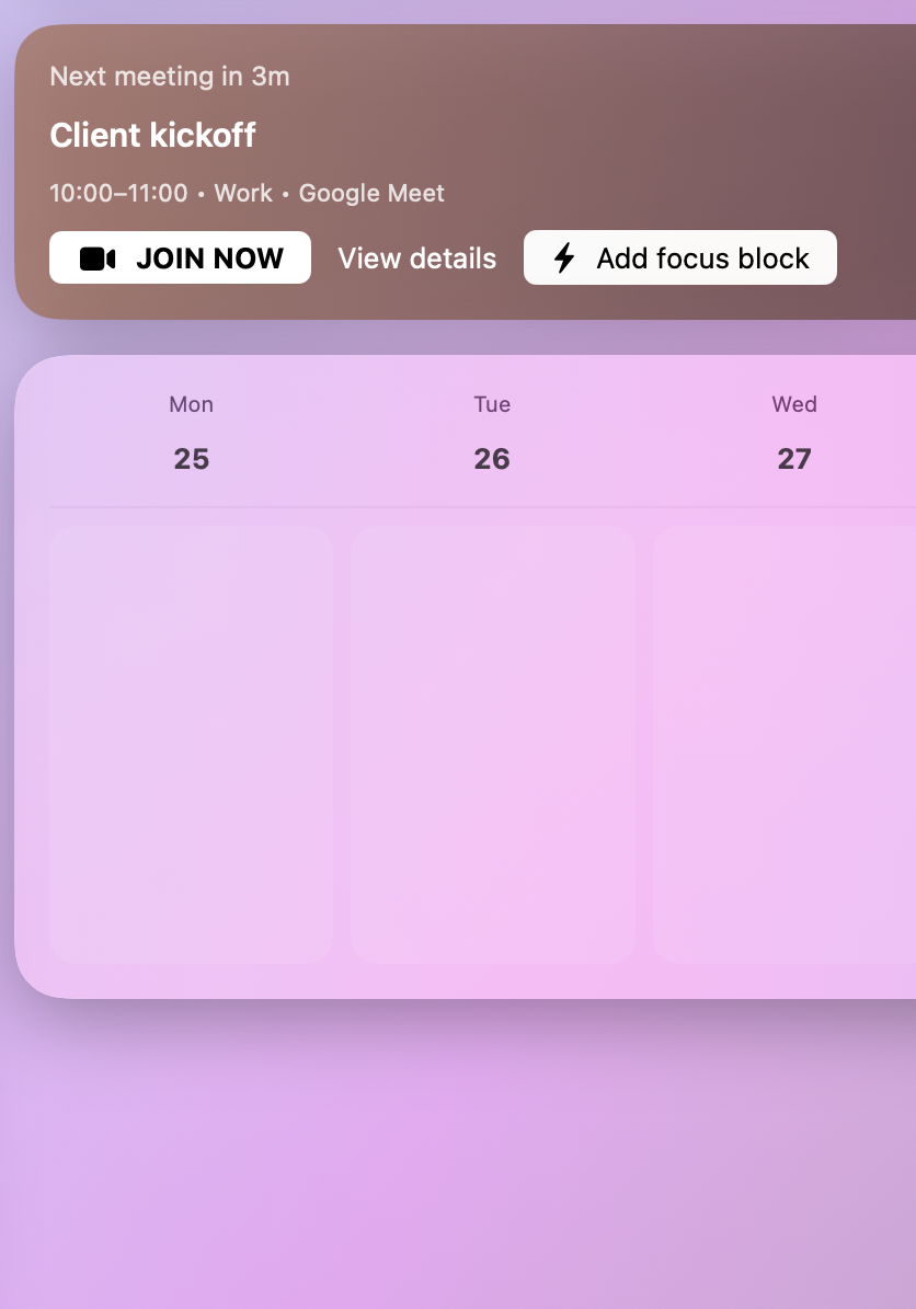 Meety upcoming meeting screen with the next meeting and weekly calendar