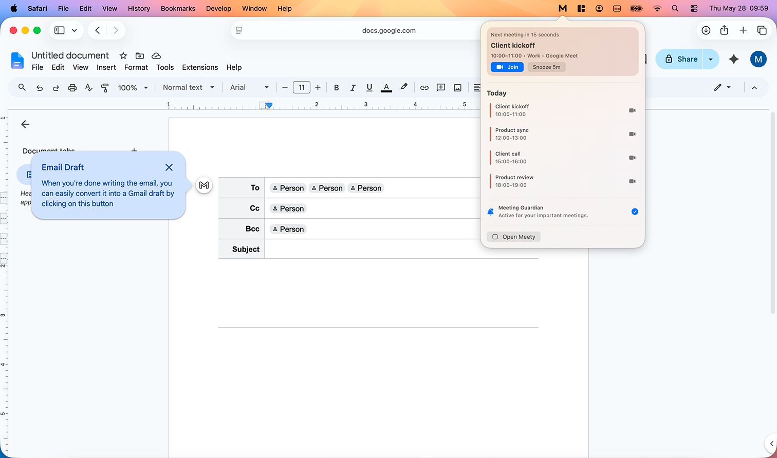 Meety menu bar calendar and meeting reminder shown during a workday
